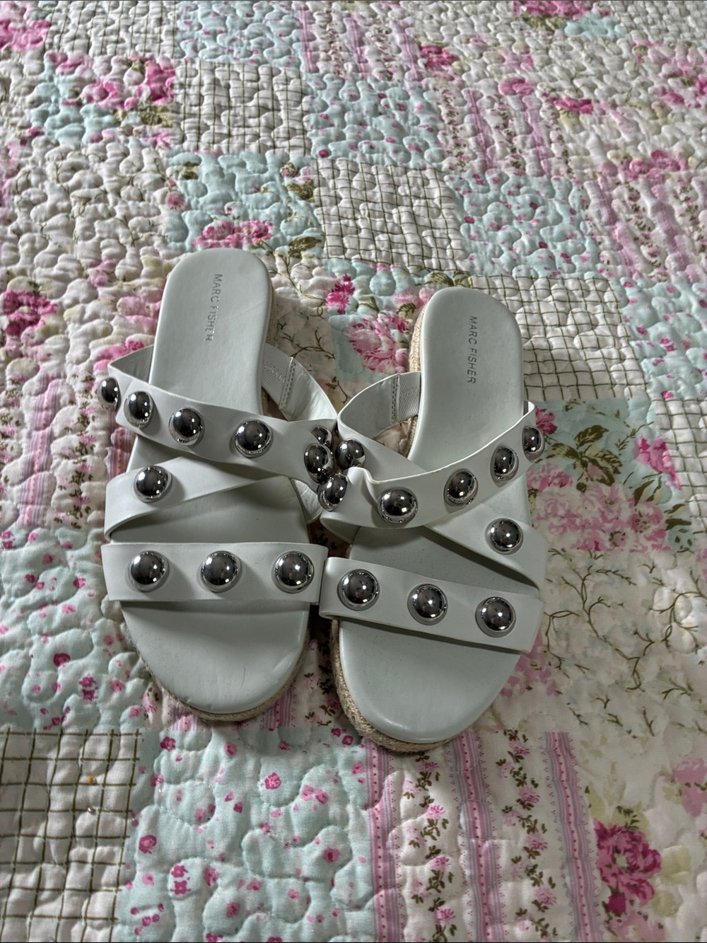 Marc Fisher White Studded Cross-Strap Slide Sandals